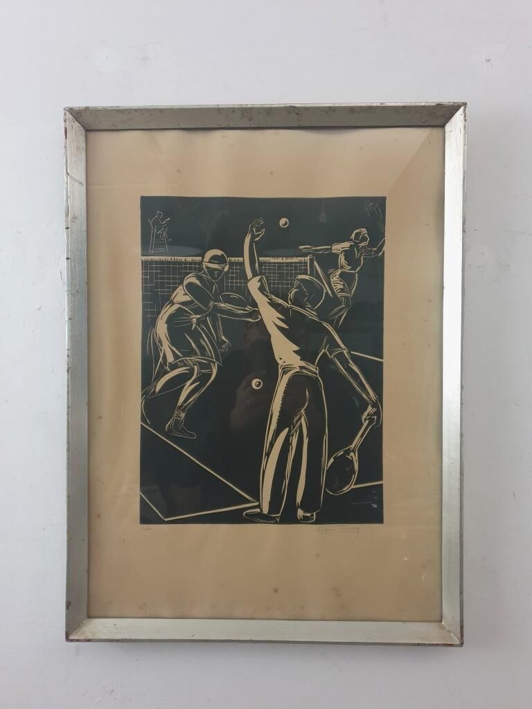Vintage art deco tennis linocut