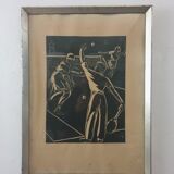 Vintage art deco tennis linocut