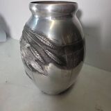 Art Deco vase in repoussé tin Signed Houzeaux Floral decoration 30 cm