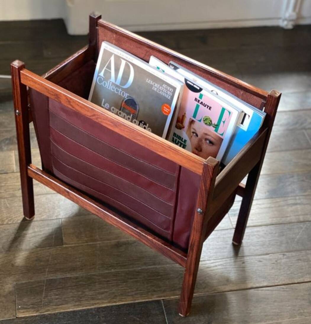 Scandinavian magazine rack/vinyl rack in Rio rosewood and leather by Torbjørn Afdal