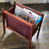 Scandinavian magazine rack/vinyl rack in Rio rosewood and leather by Torbjørn Afdal