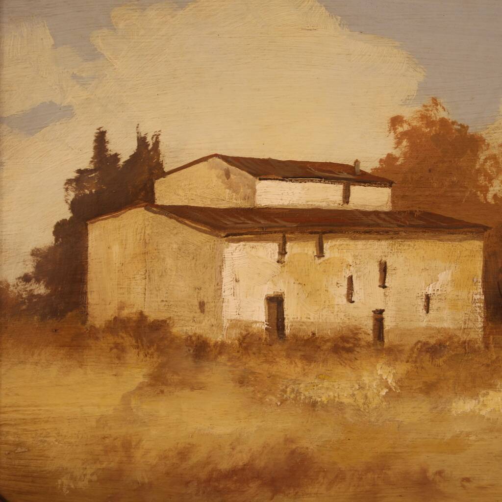 Signed painting landscape with a small house from the 20th century