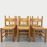Suite of 6 vintage brutalist chairs in solid oak wood and straw from the 60s