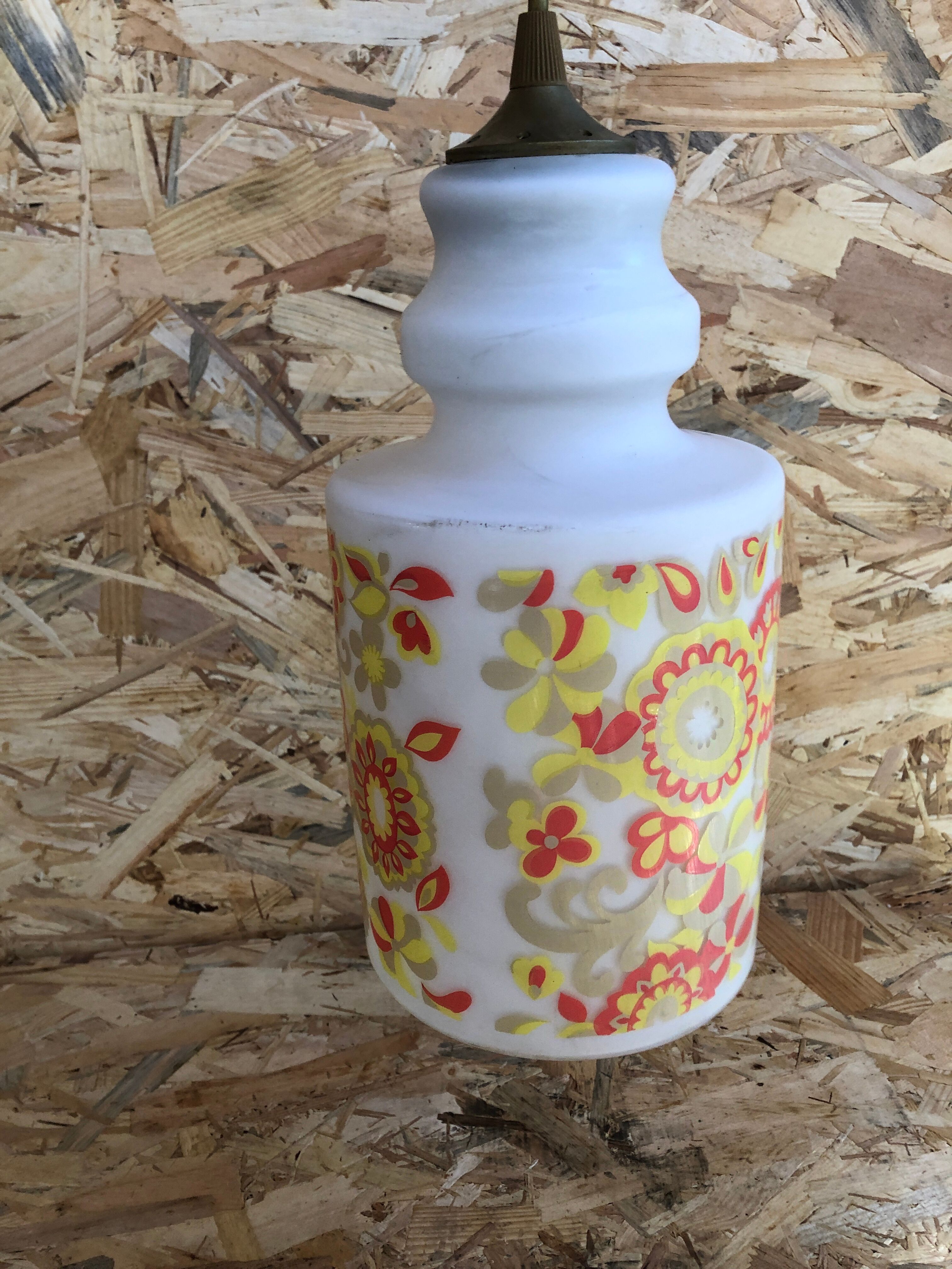 Old White Opaline Pendant Lamp + Yellow Orange Decor 70s Vintage