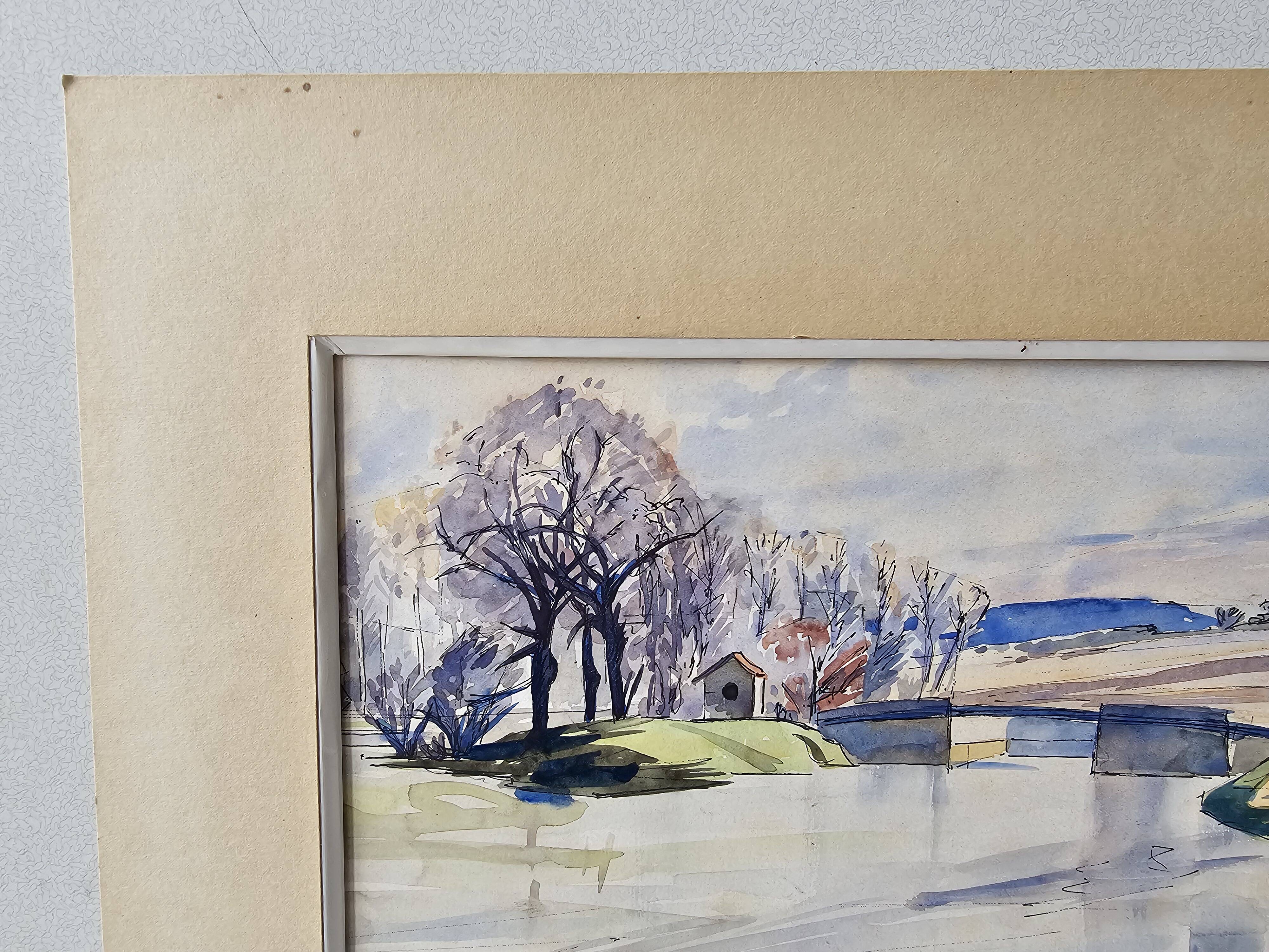 Watercolor on cardboard frame, canal view, signed Jean. Signature to be identified.