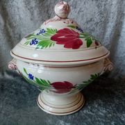 Soupiere with floral decoration painted by hand sarreguemines signed