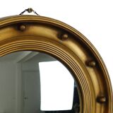 Grand miroir de majordome ancien avec cadre doré et hublot en forme d'œil de sorcière, années 1930