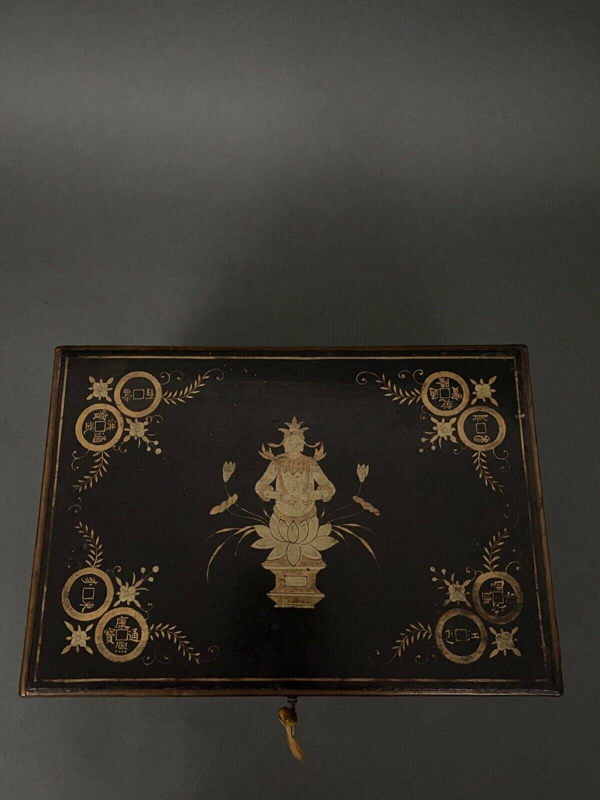 20th century Indian wooden box black lacquer decorated with animals with gold highlights