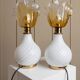 Orange Murano Glass Table Lamps Pair with Flower-Shaped Shades and Brass Details - 1970s Italy Bedside Lighting