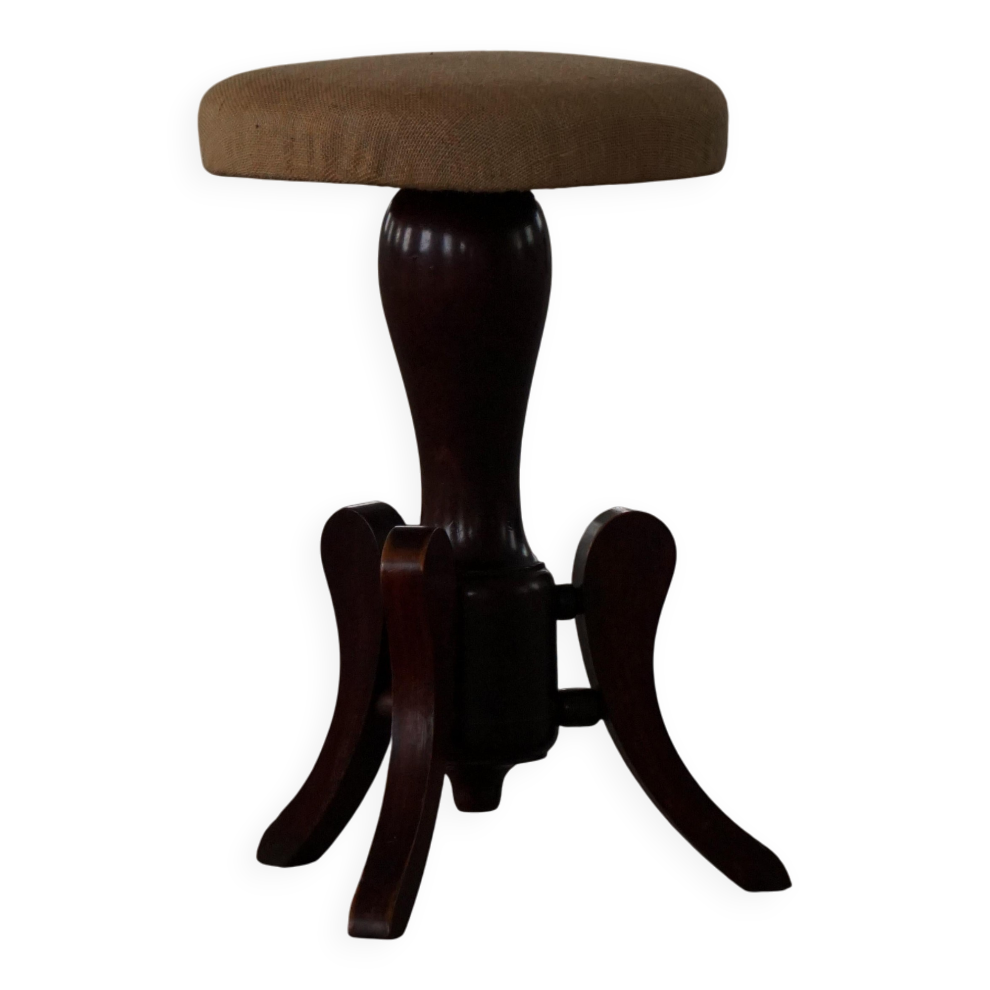 Adjustable Victorian-style piano stool with a jute fabric seat, early 20th century.