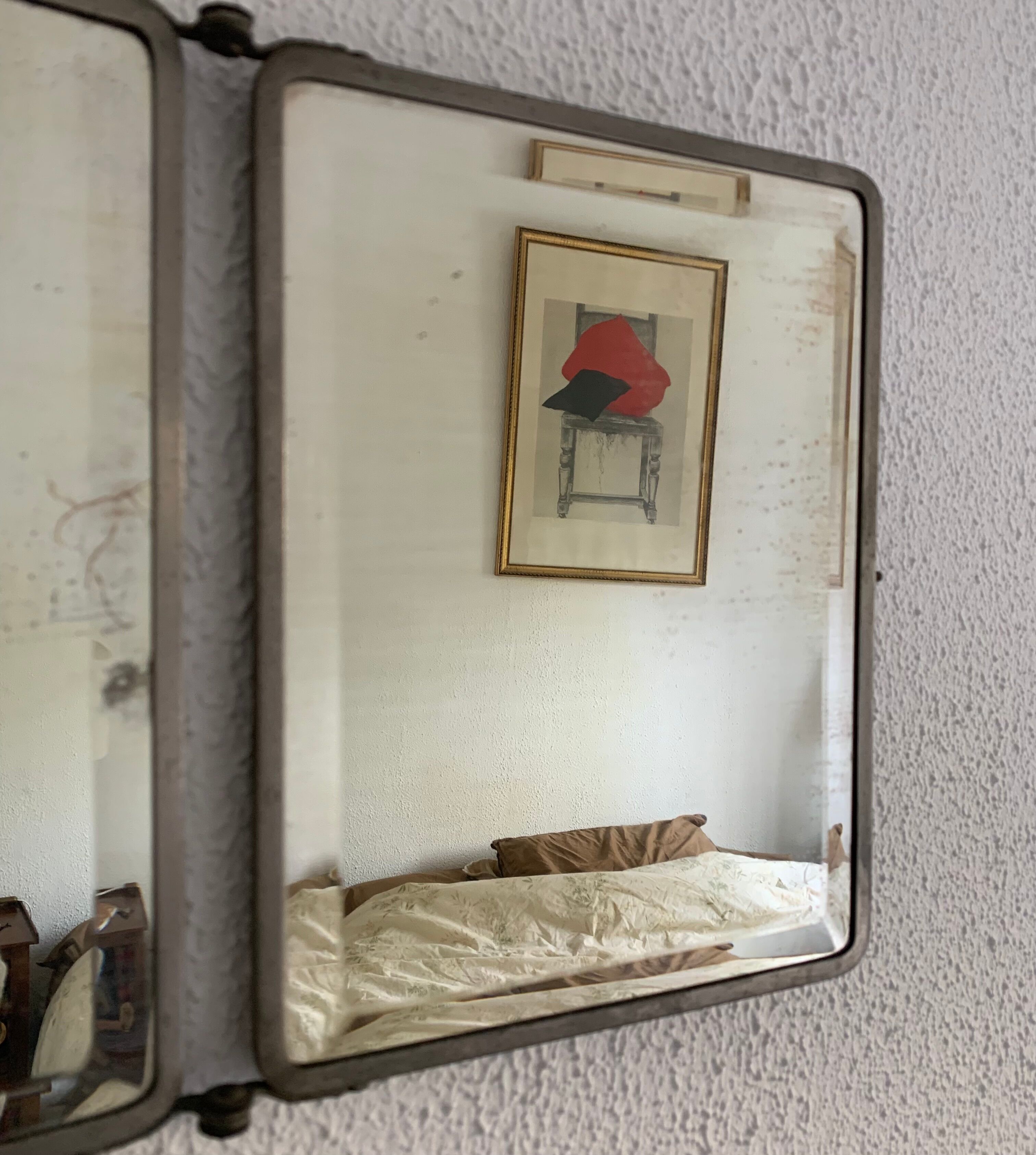 Mirror triptych barber imitation crocodile brown vintage 1930 - 27 x 66 cm