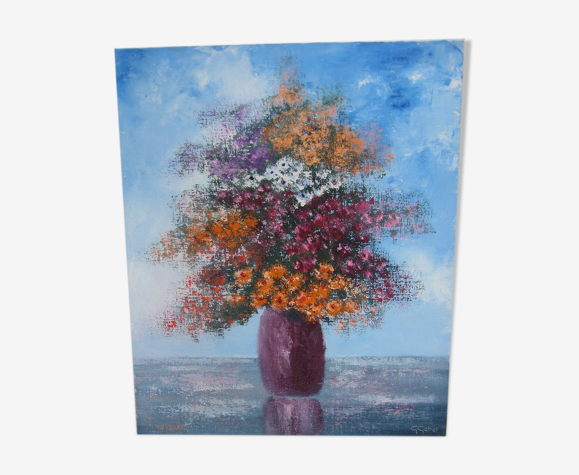 Huile sur toile, bouquet multicolore, signé Gebel