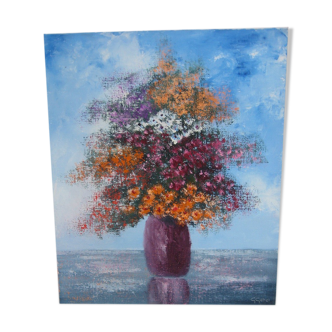 Huile sur toile, bouquet multicolore, signé Gebel