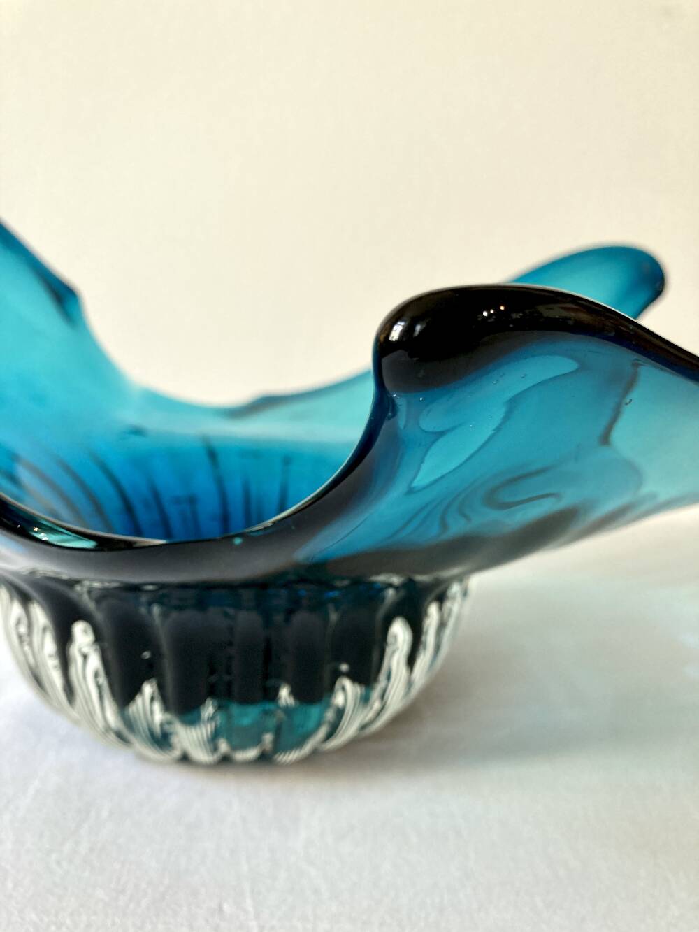 Large blue blown glass fruit bowl