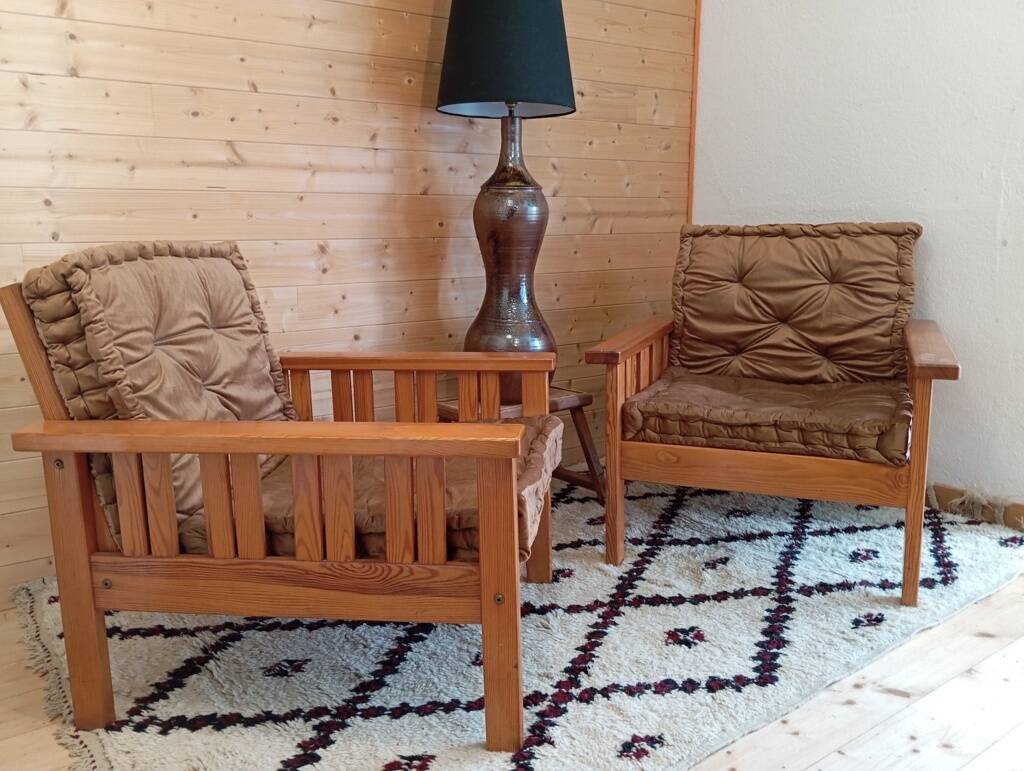 Pair of 70s pine armchairs