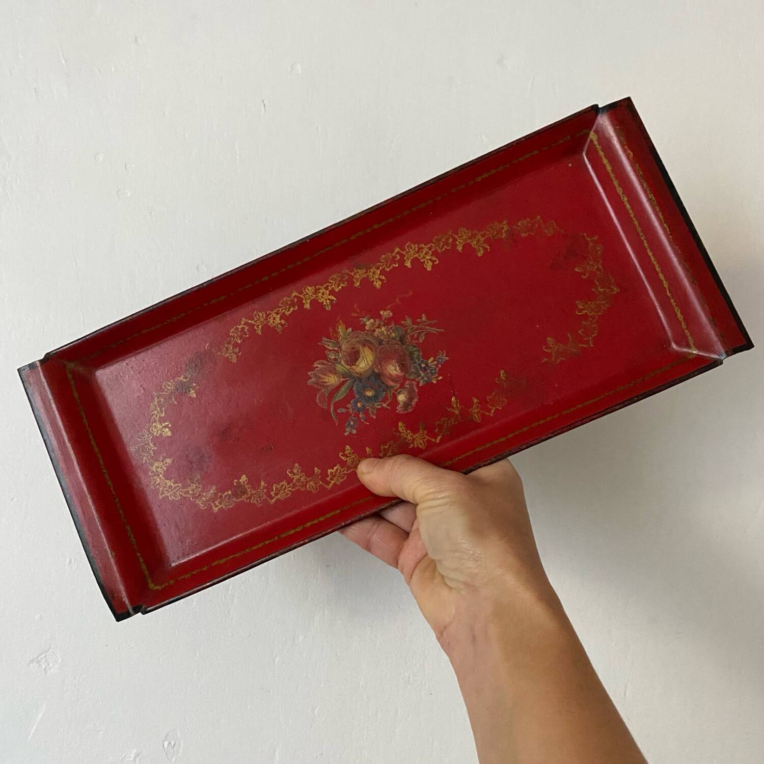 Antique metal tray with painted flowers