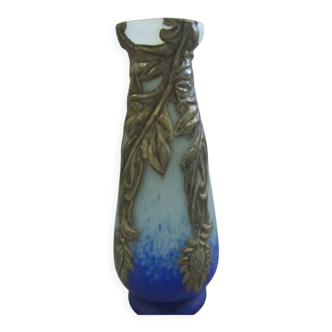 Grand vase en pâte de verre bleu moucheté