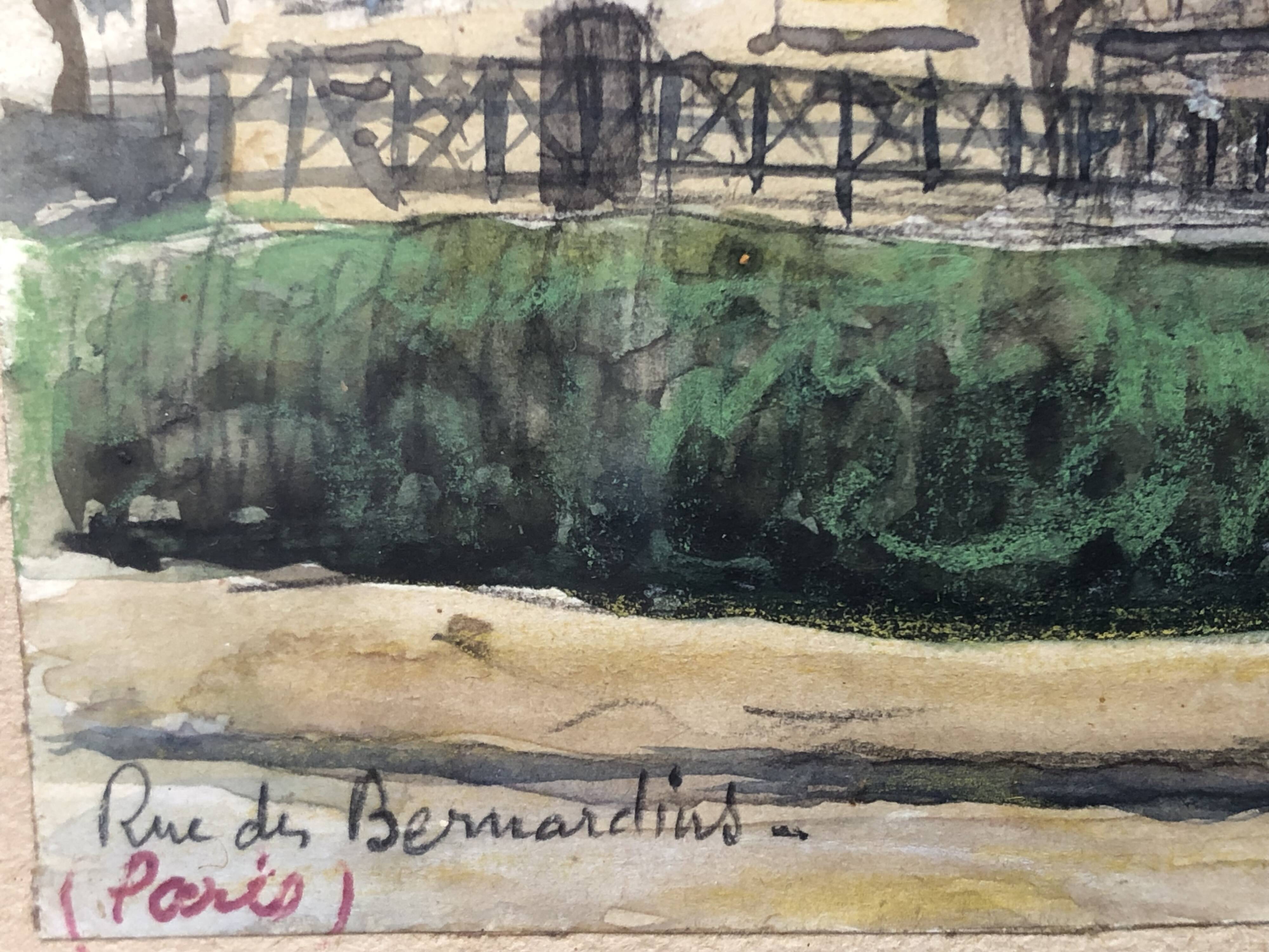 Watercolor on paper: rue des bernardins paris signed rouxel 1944, frame, quai tournelle seine 75
