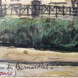 Watercolor on paper: rue des bernardins paris signed rouxel 1944, frame, quai tournelle seine 75