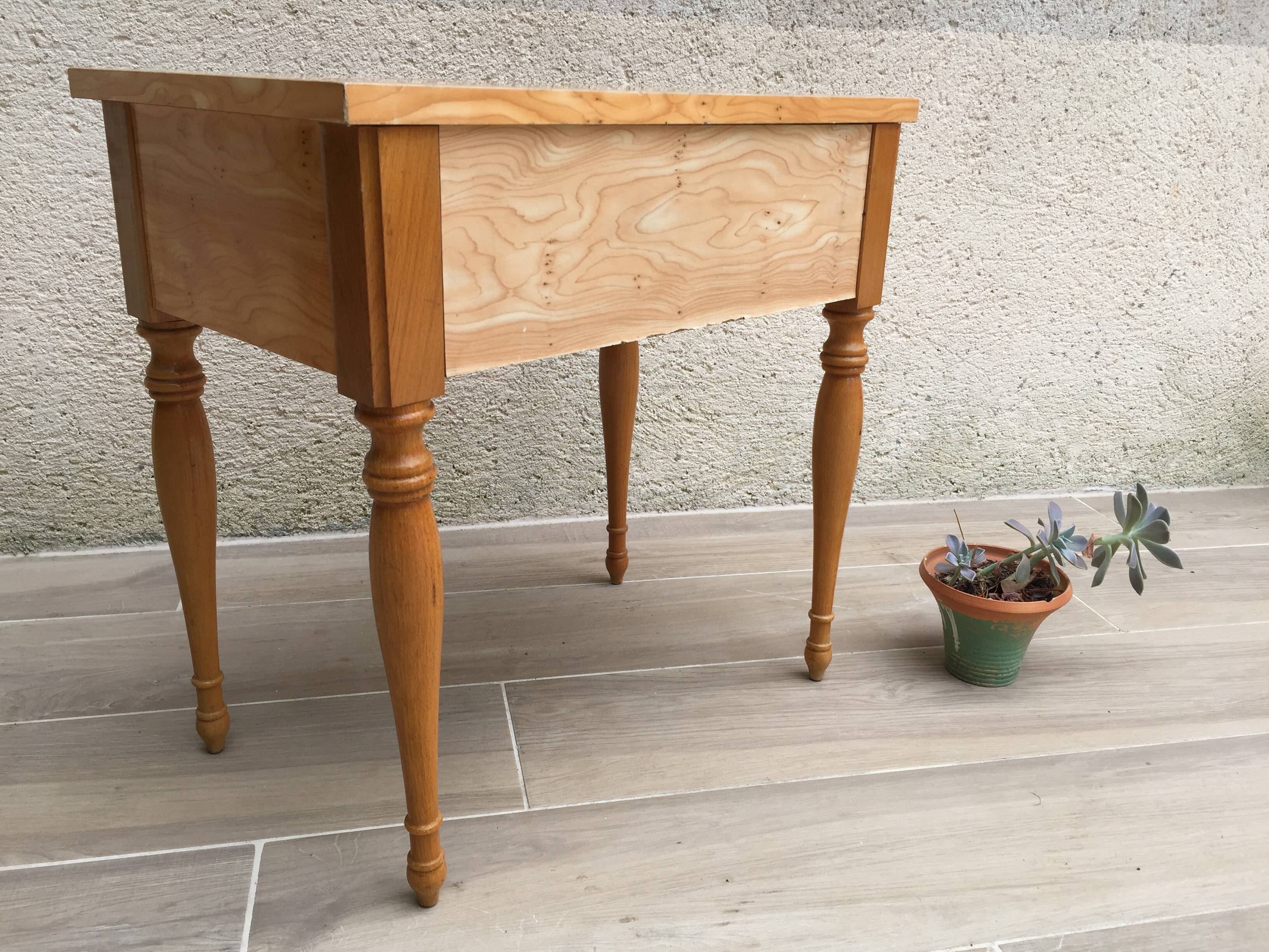 Formica and vintage wood bedside table