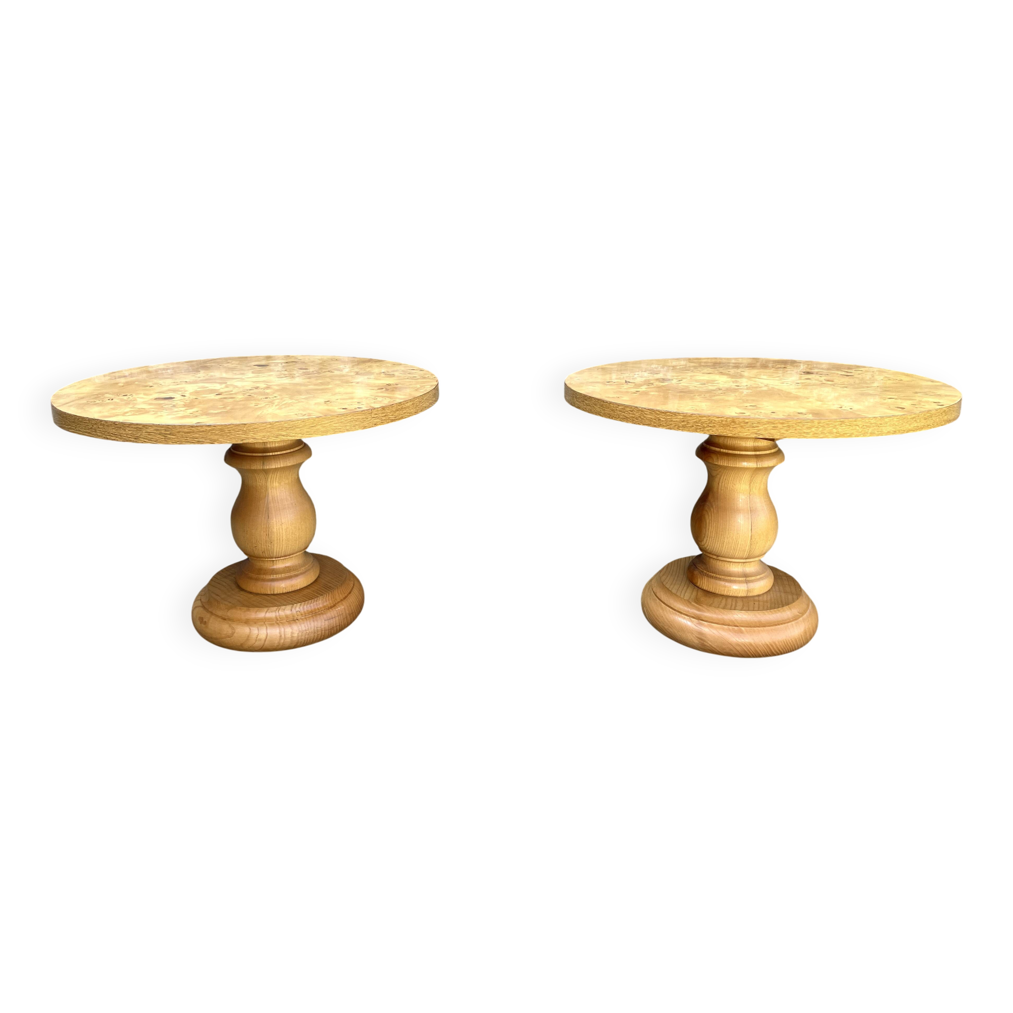 Pair of round coffee tables, burl veneer, 1980