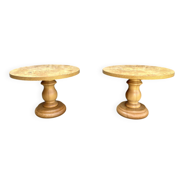 Paire de tables basses rondes, placage loupe 1980