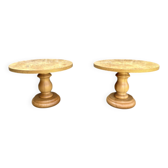 Paire de tables basses rondes, placage loupe 1980