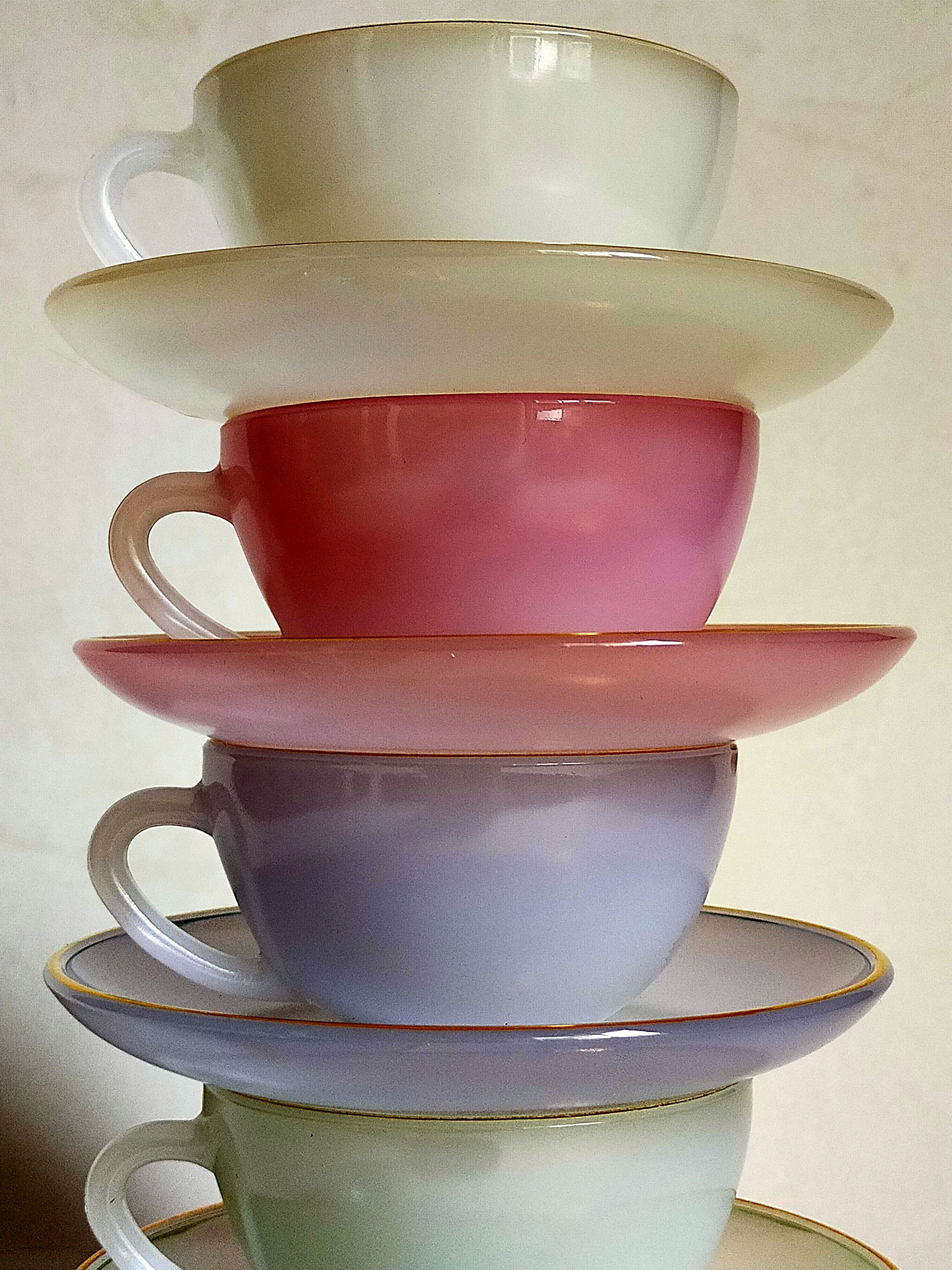 Six vintage iridescent pastel arcopal opaline cups