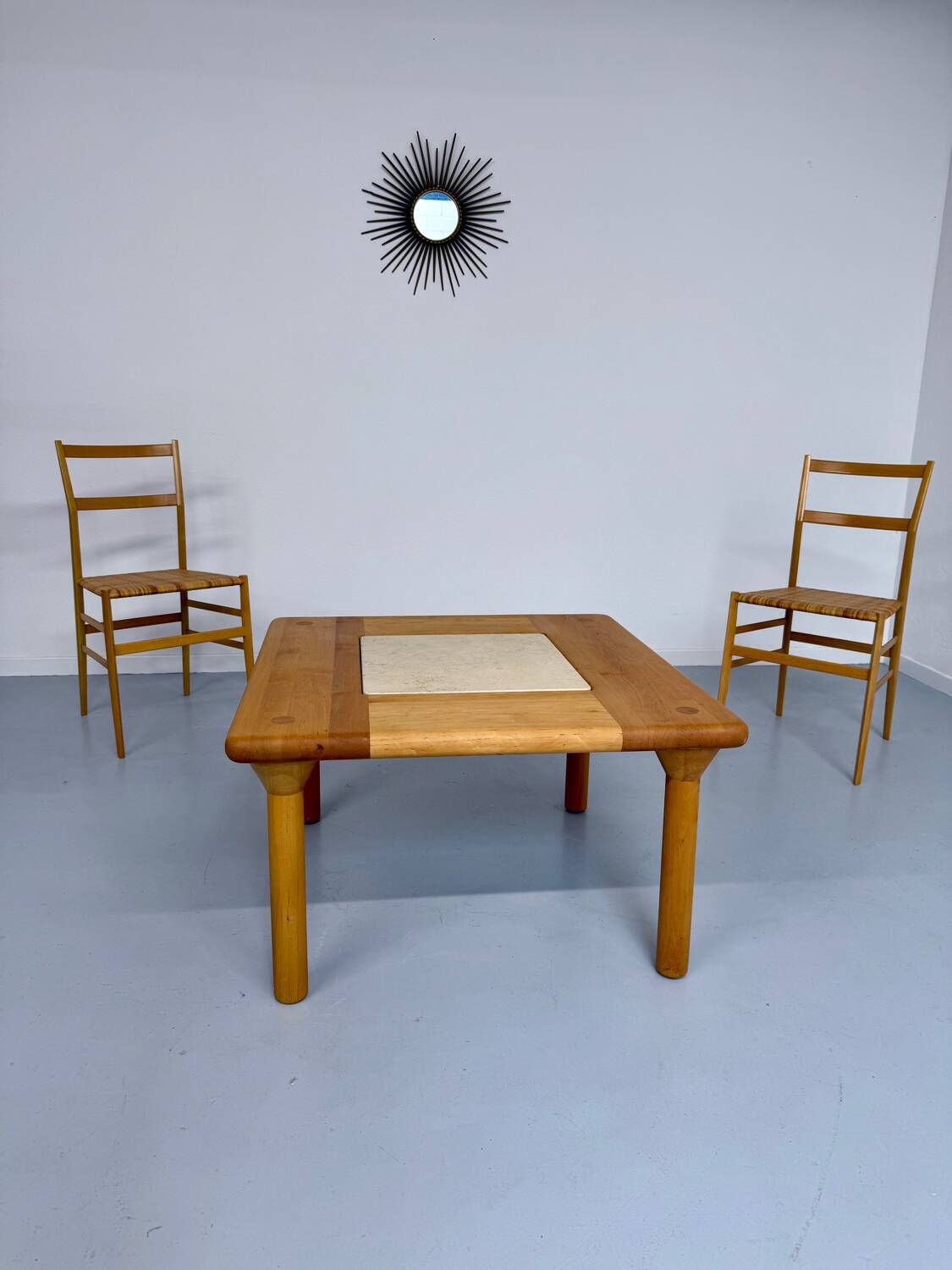 Table basse ancienne bois et travertin design des années 70 vintage