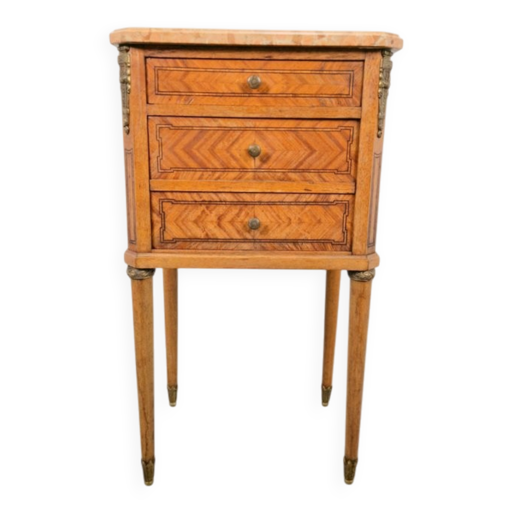 Vintage French Bedside Table with Marble Top and Brass Ornaments, 1920s