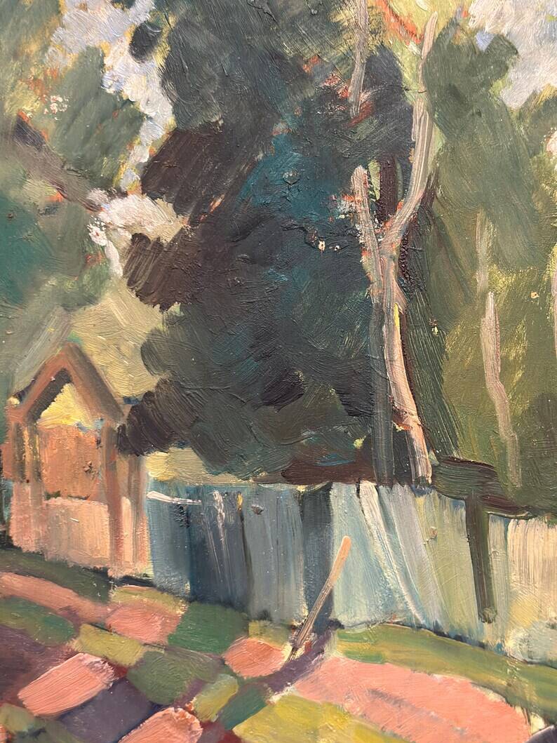 Original Swedish Oil on Panel - "Landscape with Fence" by Bajo - Signed - Vintage and Framed - 58 × 52 cm (22.8" × 20.5")