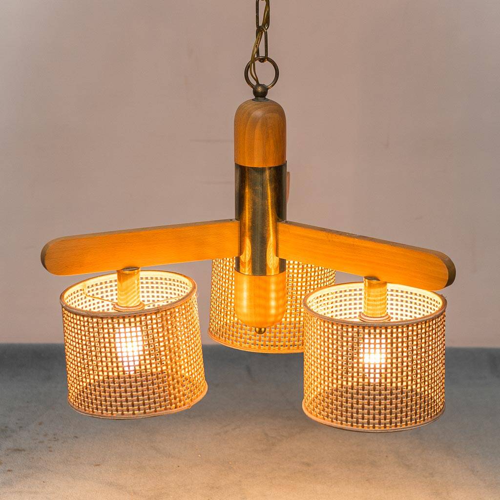 Rattan chandelier with 3 lights, 1970s vintage modernism