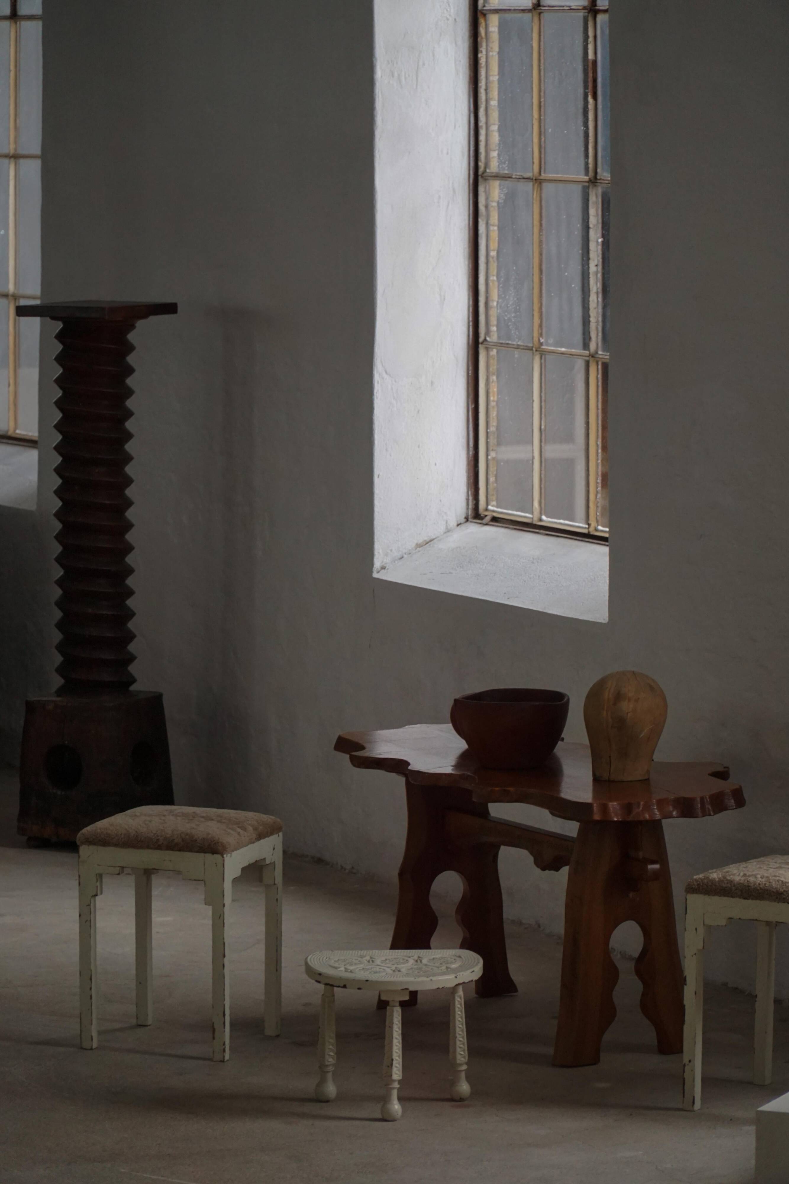 A pair of antique Danish stools, seats in lambswool, late 19th century.