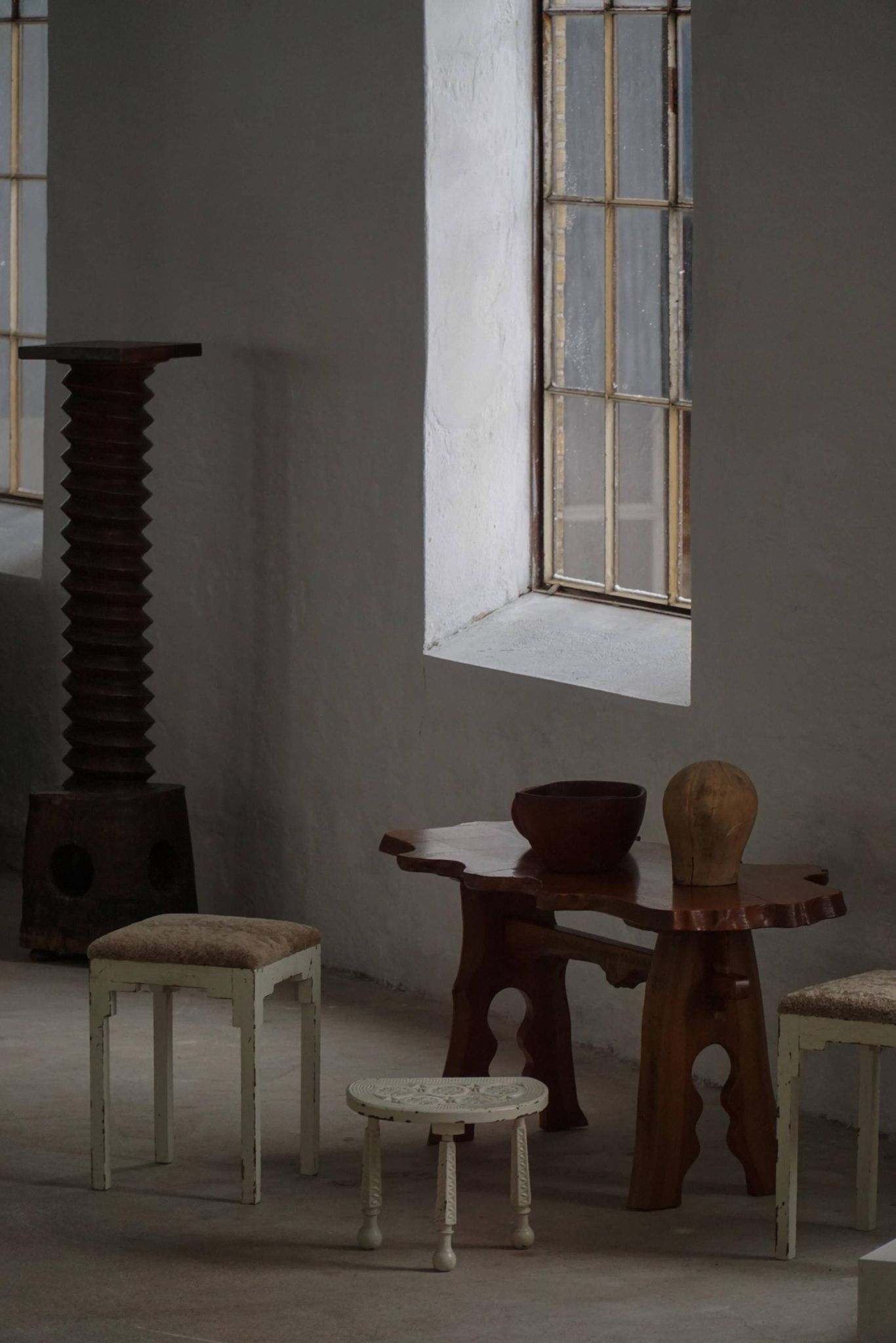 A pair of antique Danish stools, seats in lambswool, late 19th century.