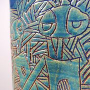 Vintage blue-green handcrafted pottery vase with incised tribal design by Eseka Pottery