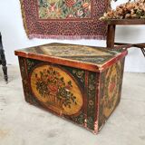 Coffre Populaire Peint Vintage Pin Massif – Art Folk Alsacien