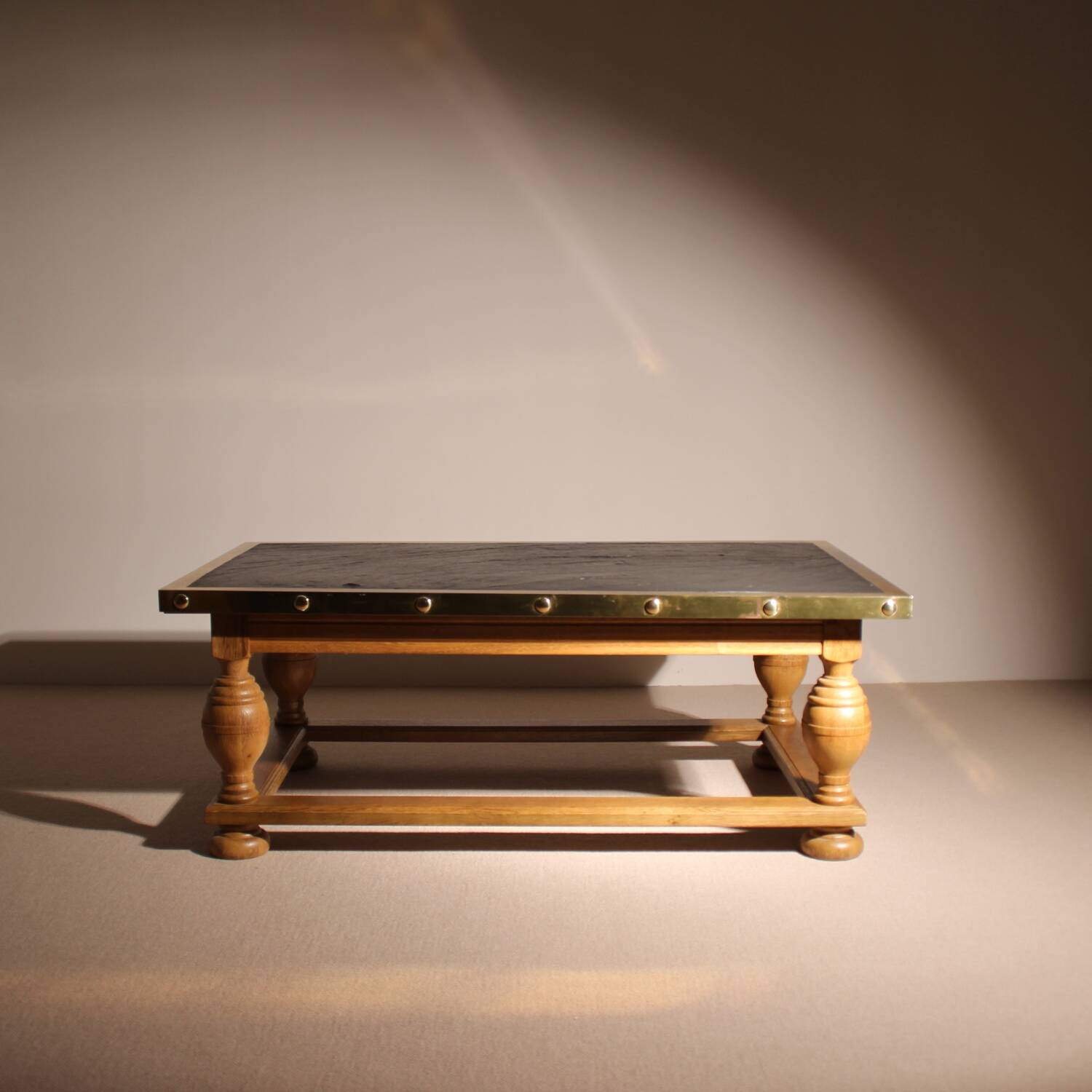 Rustic Coffee Table in Slate, Brass and Solid Oak | Germany 1970s