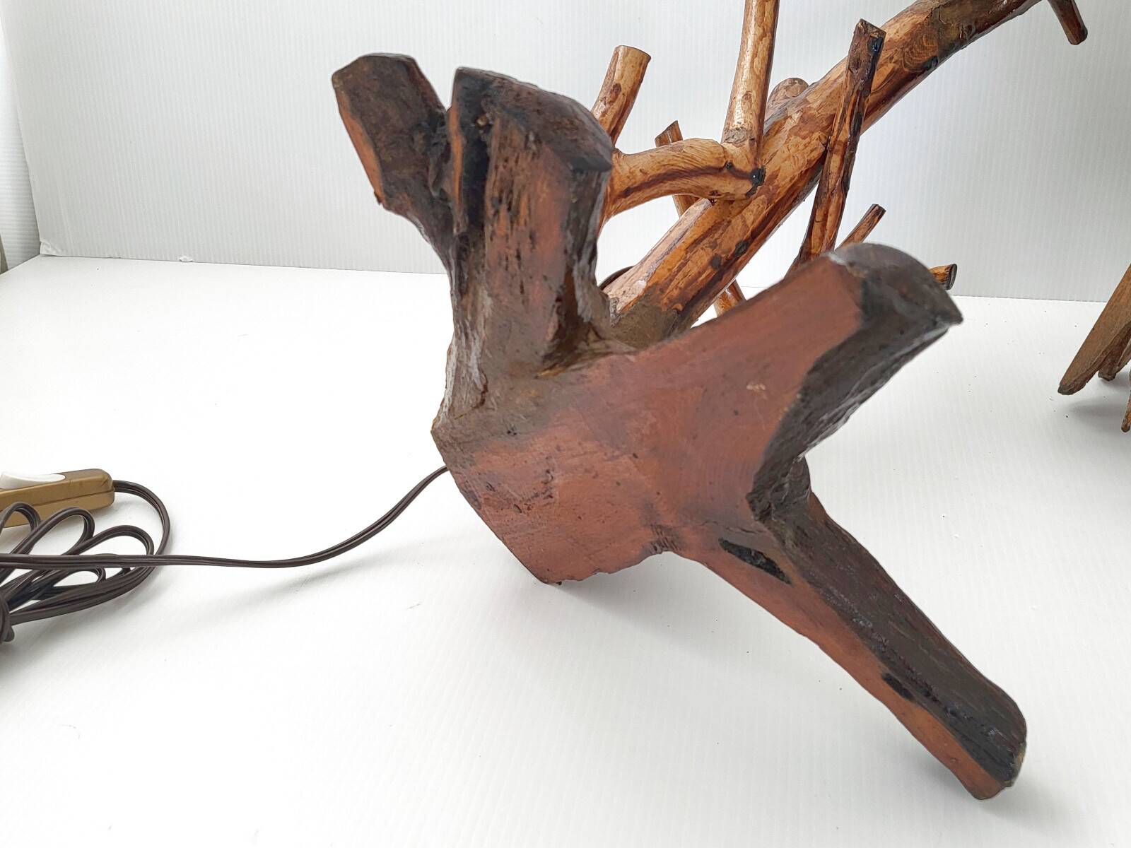 Vintage table lamp 1970s brutalist organic vegetal sculpted wood 70s