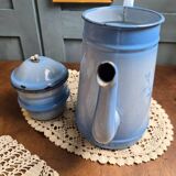 Antique blue enamel coffee pot – complete – floral decoration – 1930s