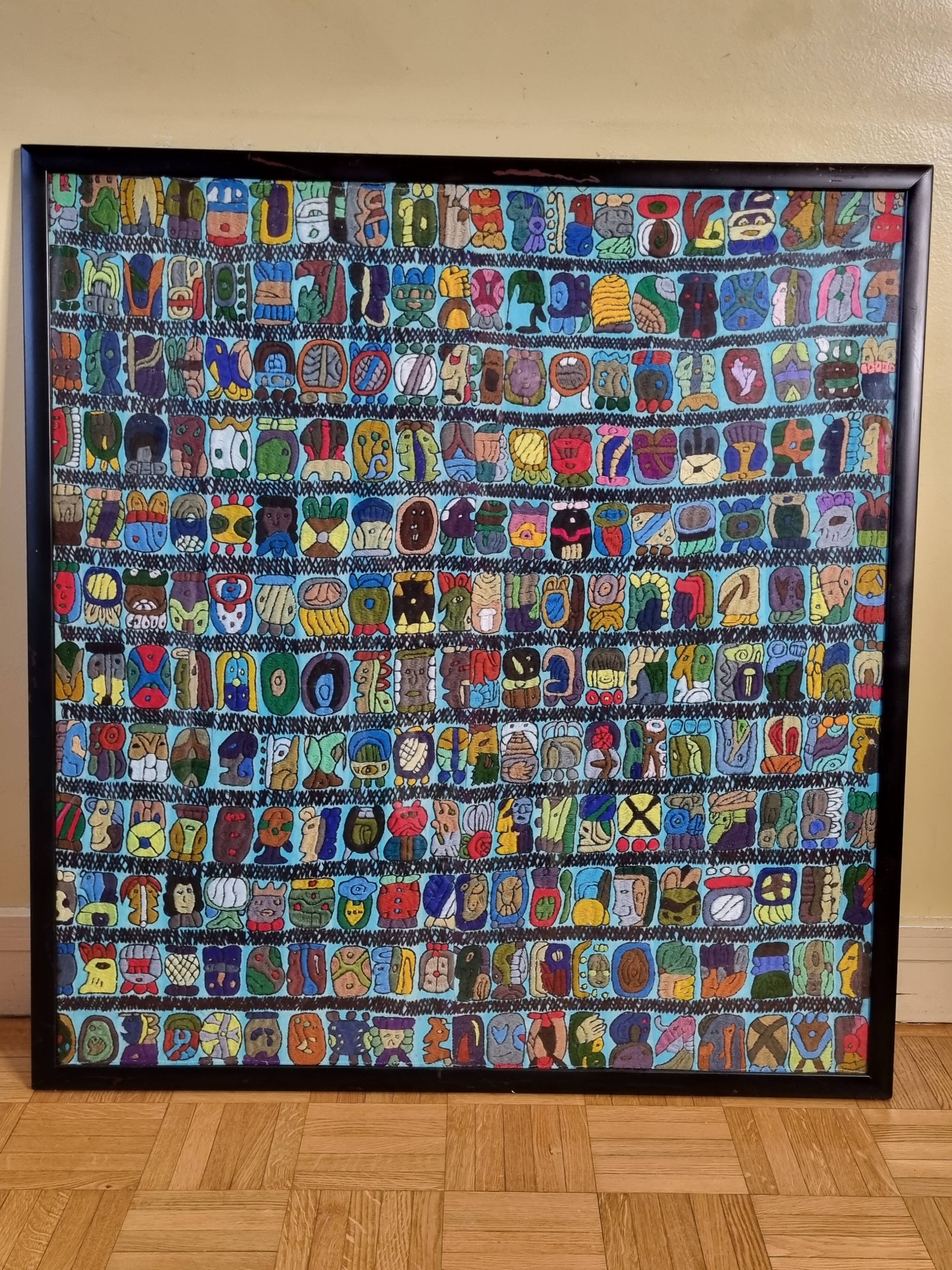 Native American tapestry, embroidered framed, colorful Mayan symbology, 84 cm
