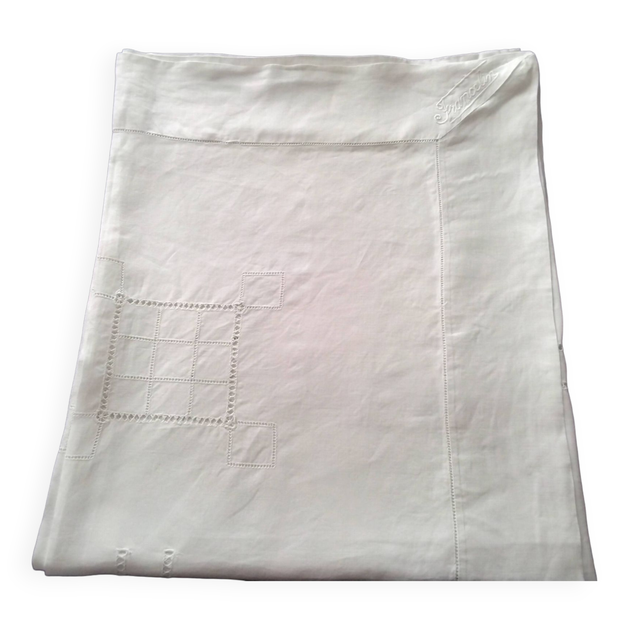 White linen tablecloth with handmade stitching 1.55 x 1.88 m