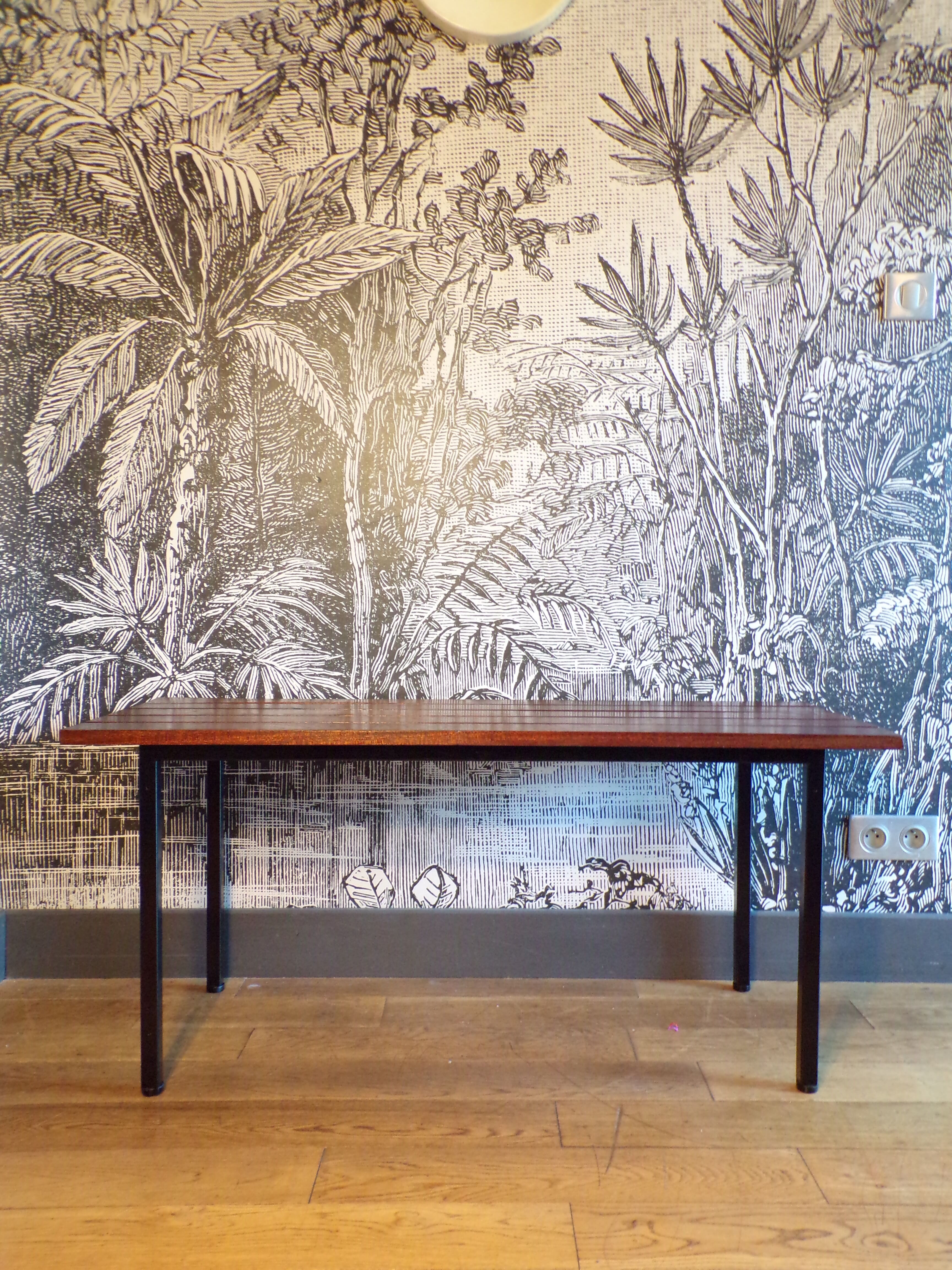 Modernist bench with teak slats