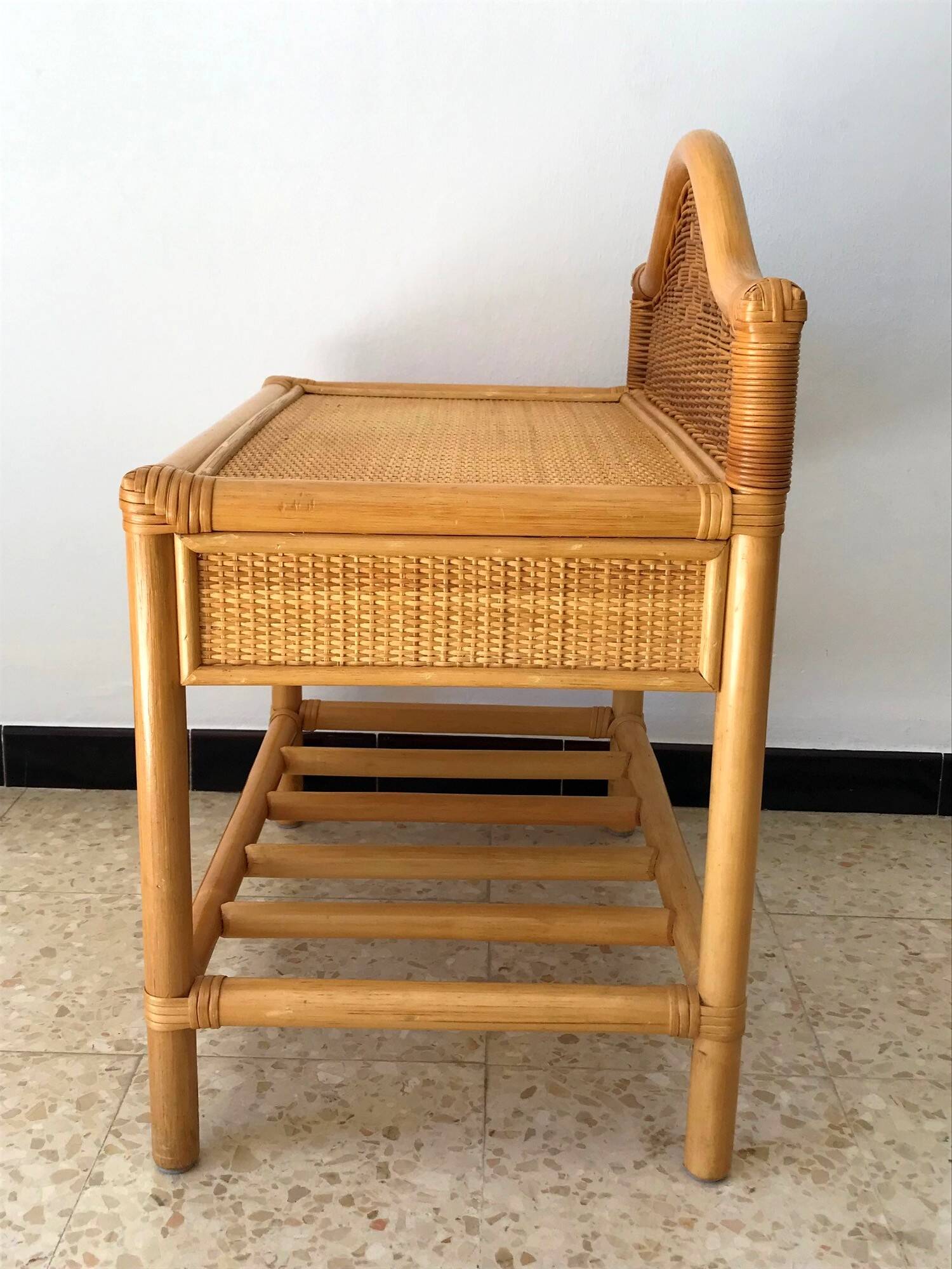 Vintage 80s rattan bedside table