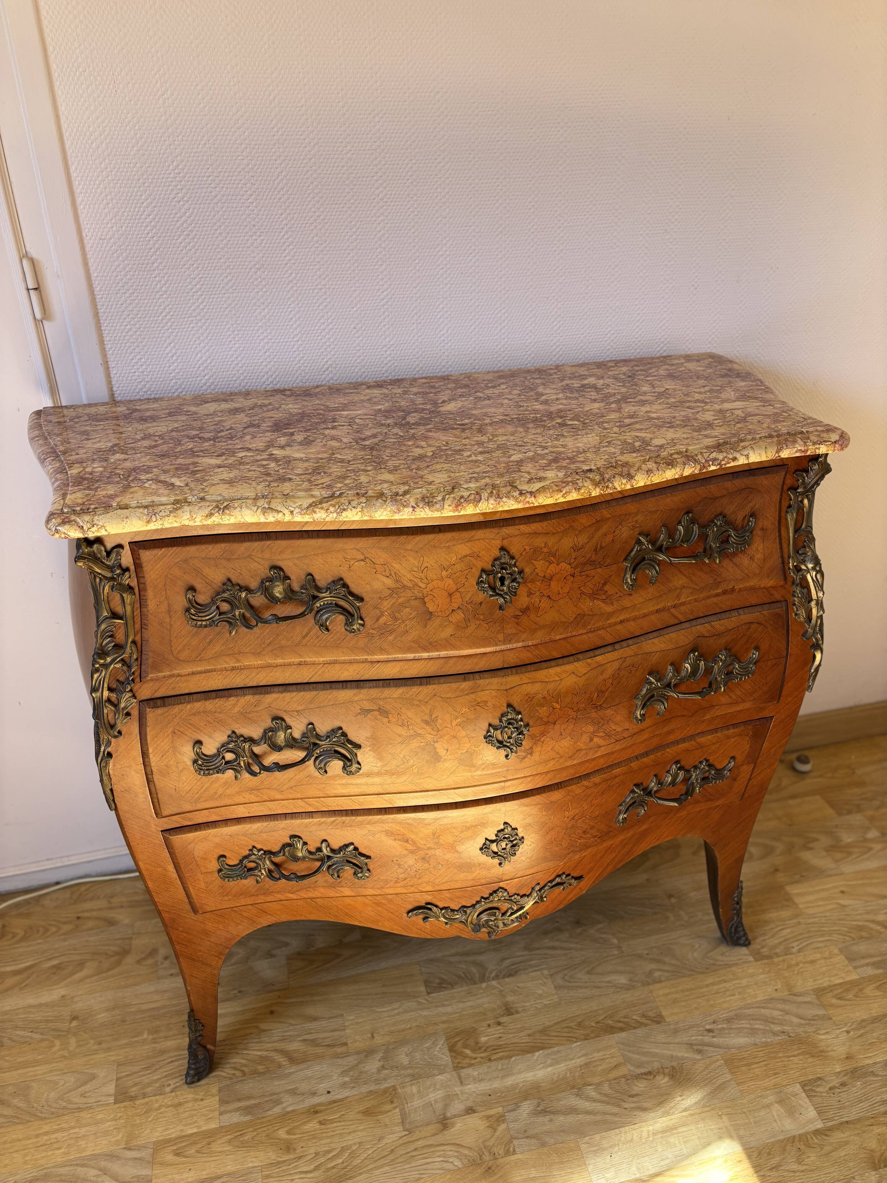 Curved Louis XV style commode with marquetry + marble top