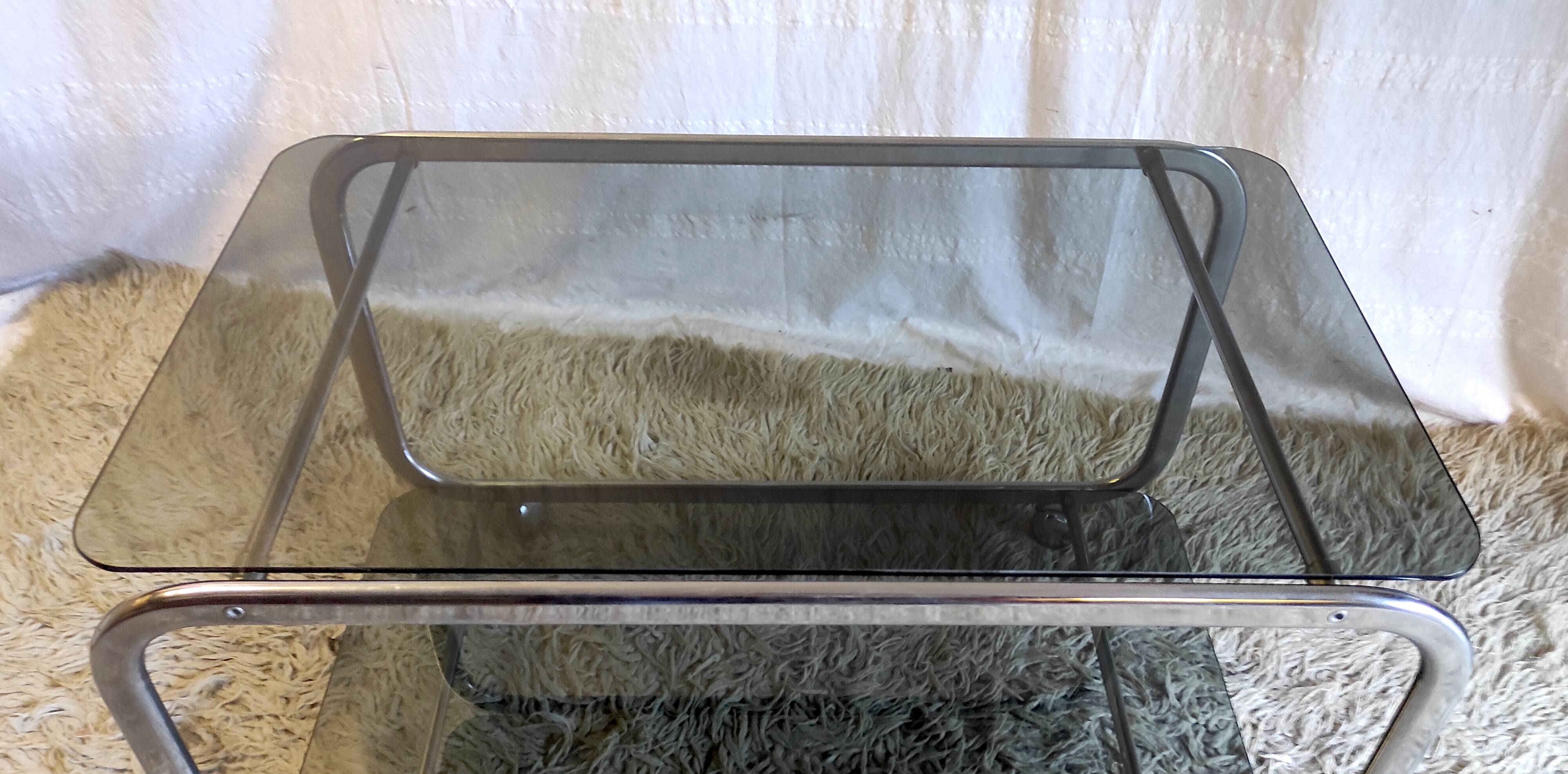 Side table in chromed metal and smoked glass, 60s-70s