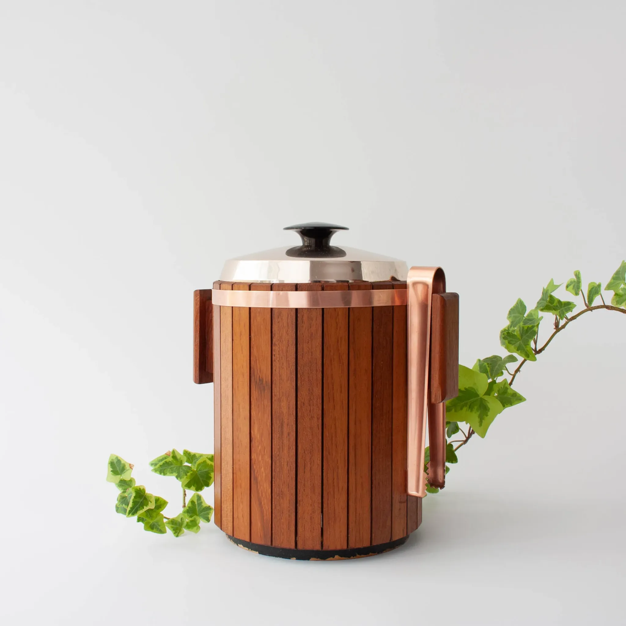 Vintage Danish Wood Ice Bucket with Copper Details, 1960's