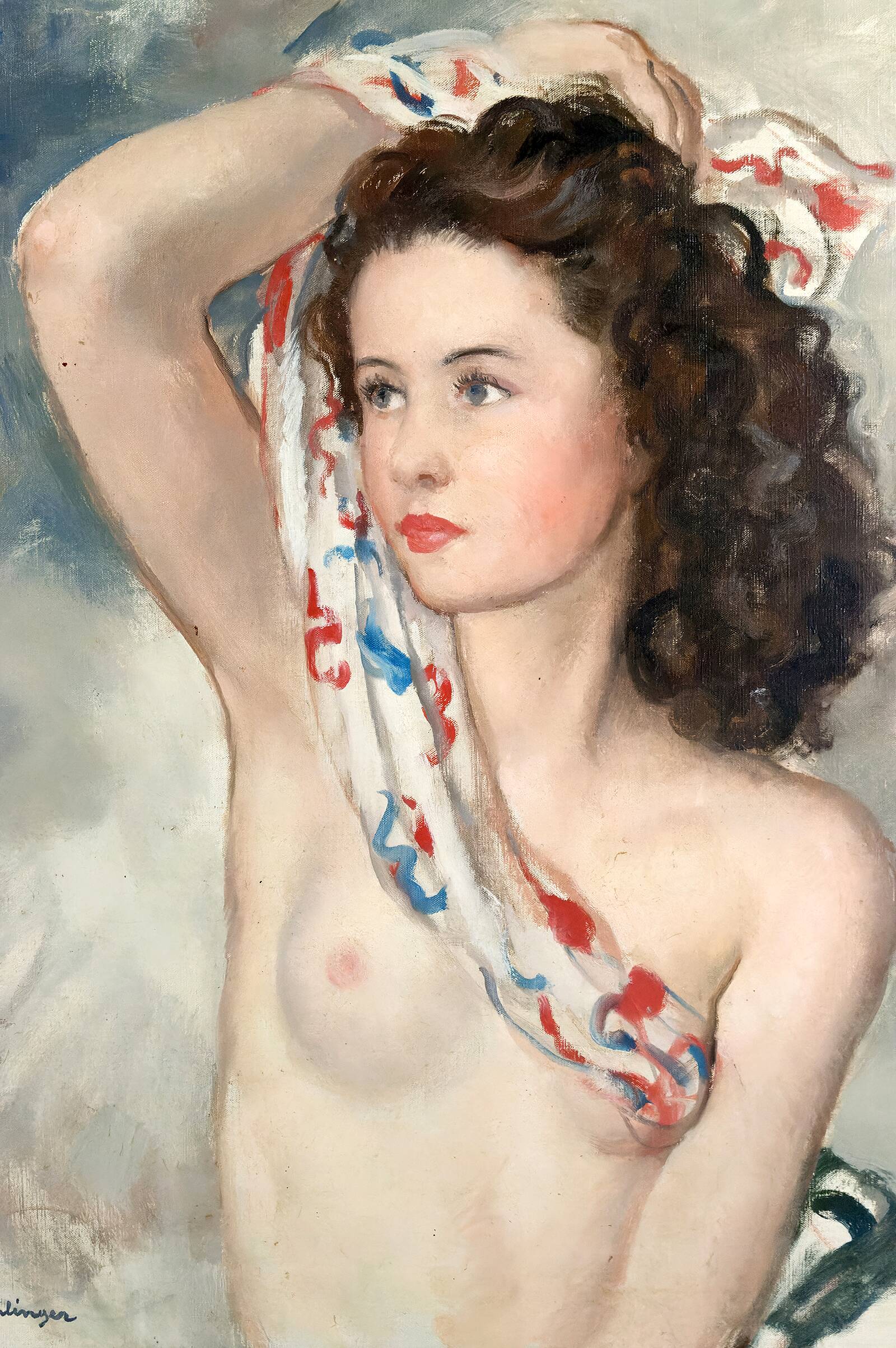 Nude portrait of a young woman with a headscarf, Maurice Ehlinger, Circa 1940