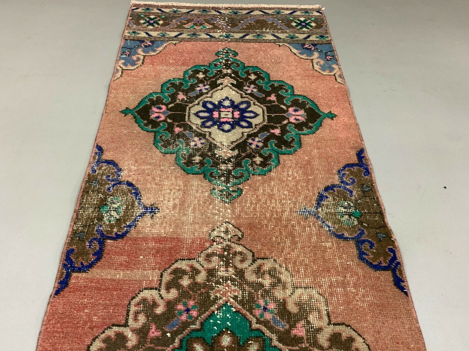 Distressed Turkish Runner 380x72 cm wool Vintage Tribal Rug Pink Green