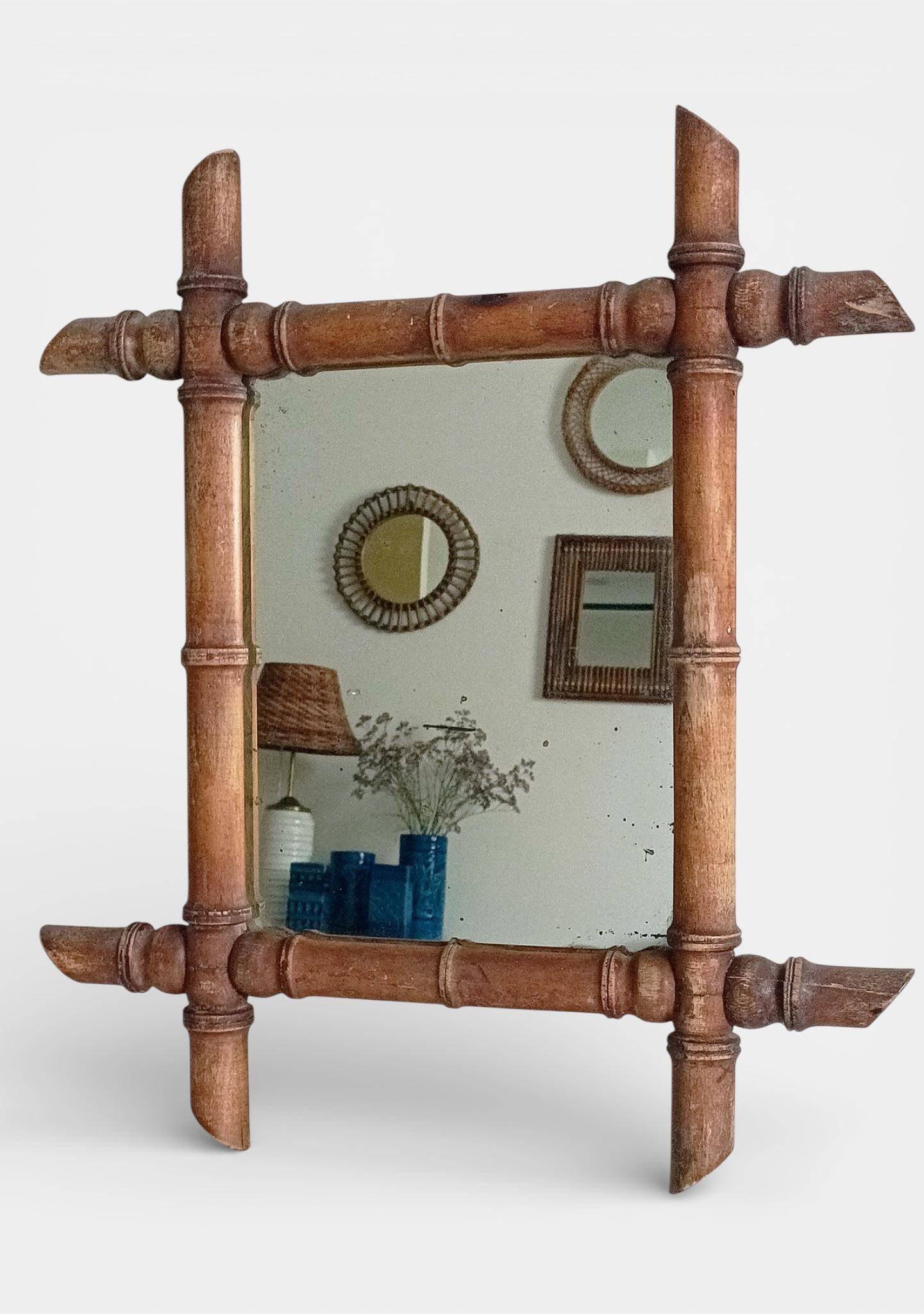 French Faux Bamboo Wall Mirror, Aged Patina, Circa 1900s
