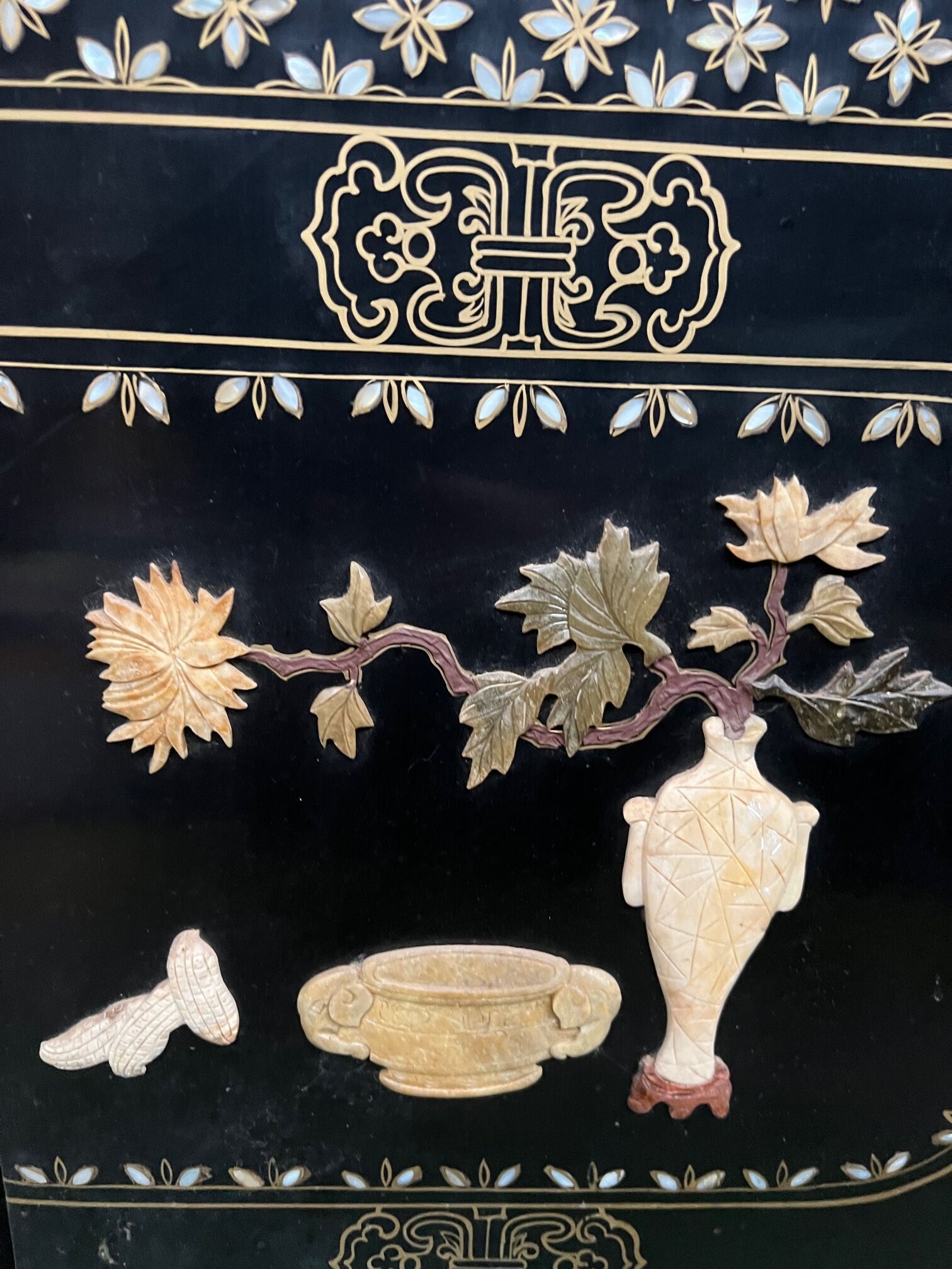 Antique Chinese bedroom screen, inlay of soapstone, jade, ivory, mother-of-pearl